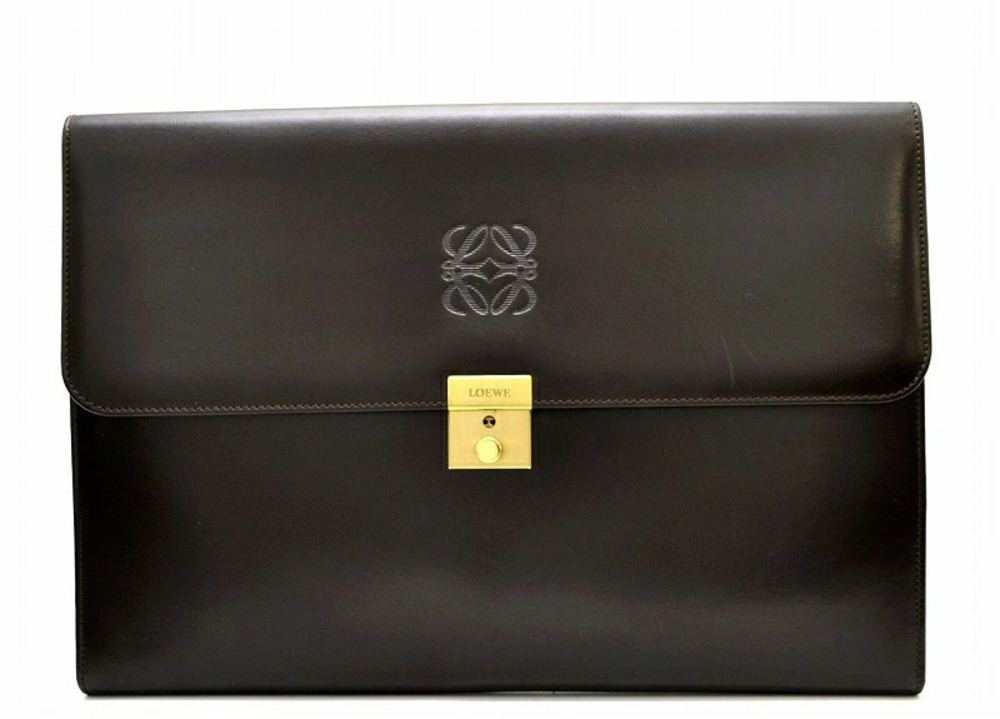 Loewe Briefcase Business Bag Clutch Handbag Leather Dark Brown